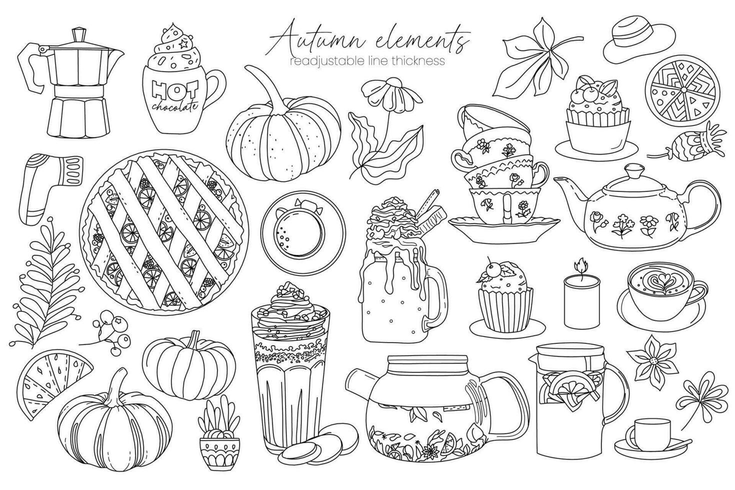 uppsättning av söt höst doodles. en samling av enkel höst ritningar. vektor illustration. en uppsättning av element är mysigt hus. tekanna, kaffe, varm choklad. logotyp, klotter, skiss, ClipArt, mall, design