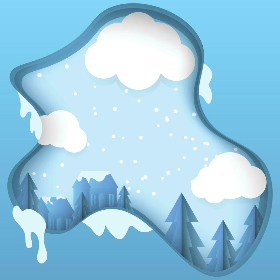 papperssår stil vinter- vektor illustration med moln, träd, och hus