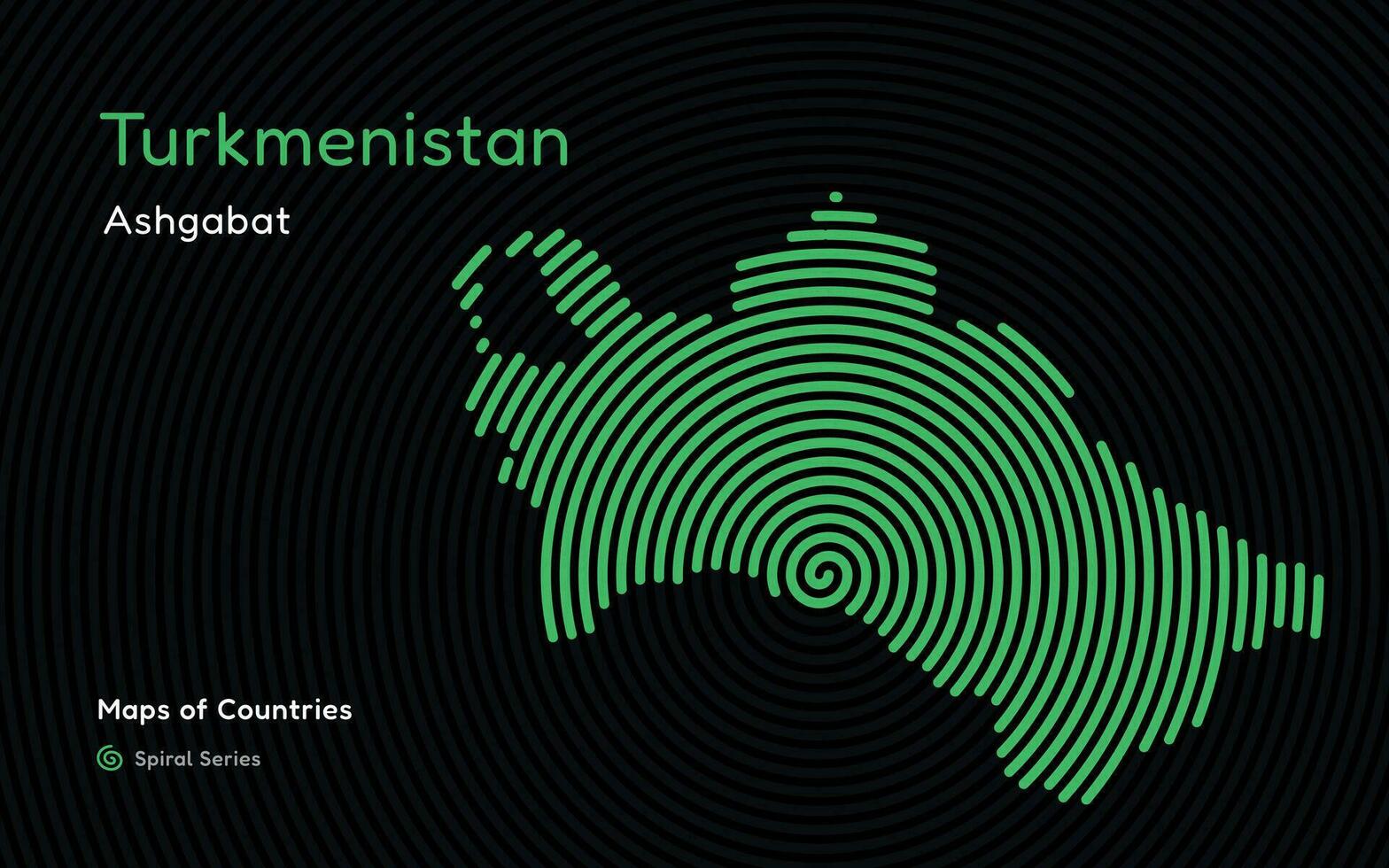 isolerat abstrakt spiral vektor kläckt Karta av turkmenistan på en svart bakgrund, identifierande dess huvudstad stad, ashgabat. spiral fingeravtryck serier