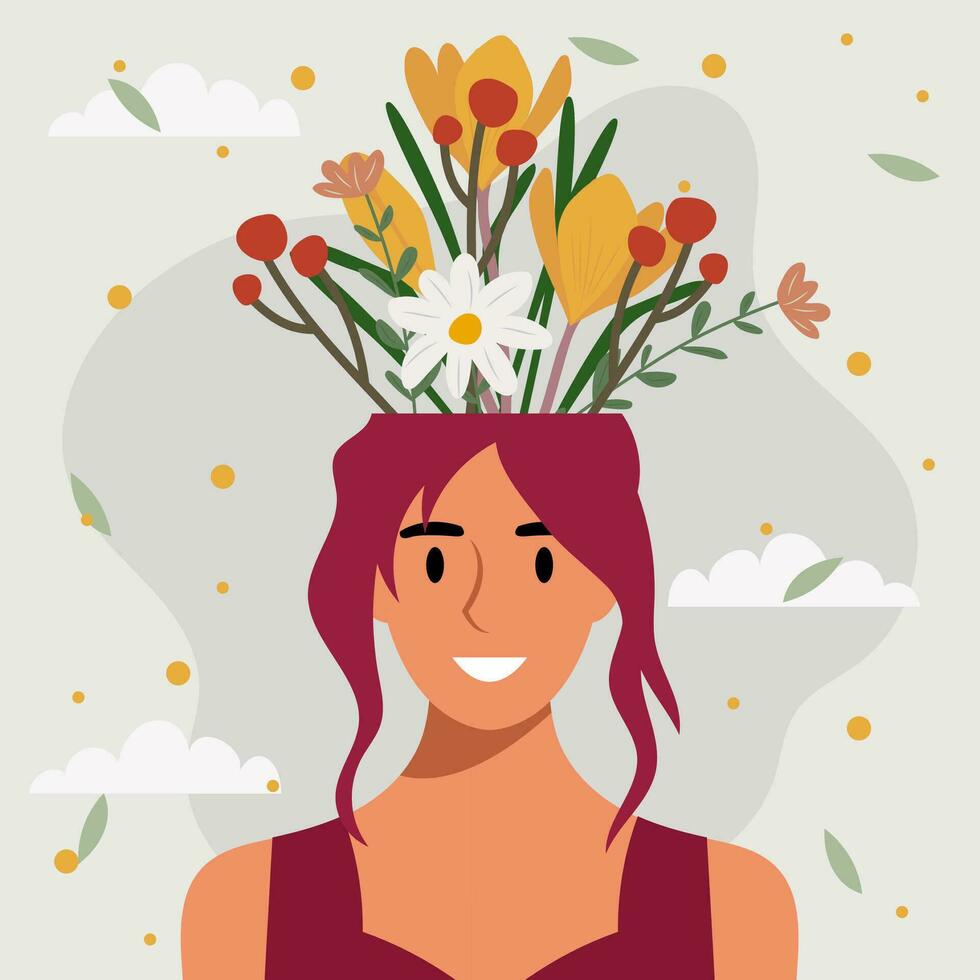 eben Design Vektor Illustration Konzept von Frau mit Blumen im ihr Kopf.