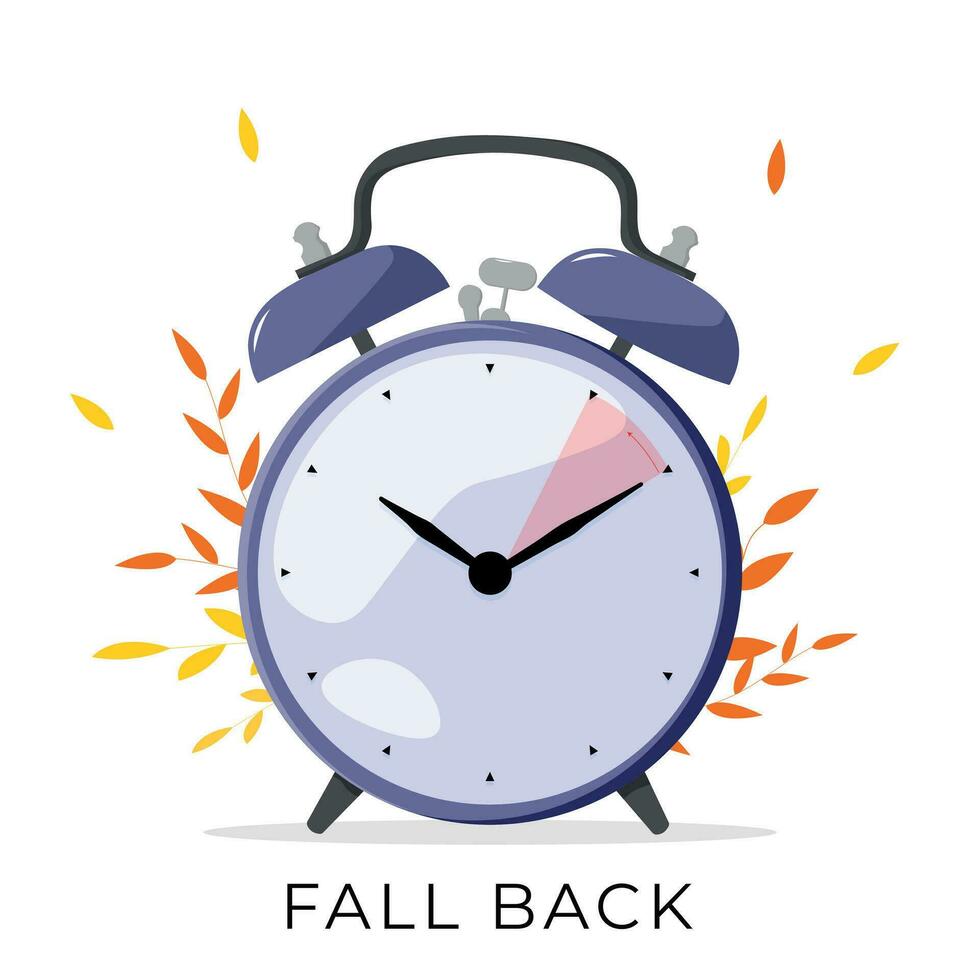 fallen zurück Vektor Illustration. Alarm Uhr mit Herbst Blätter