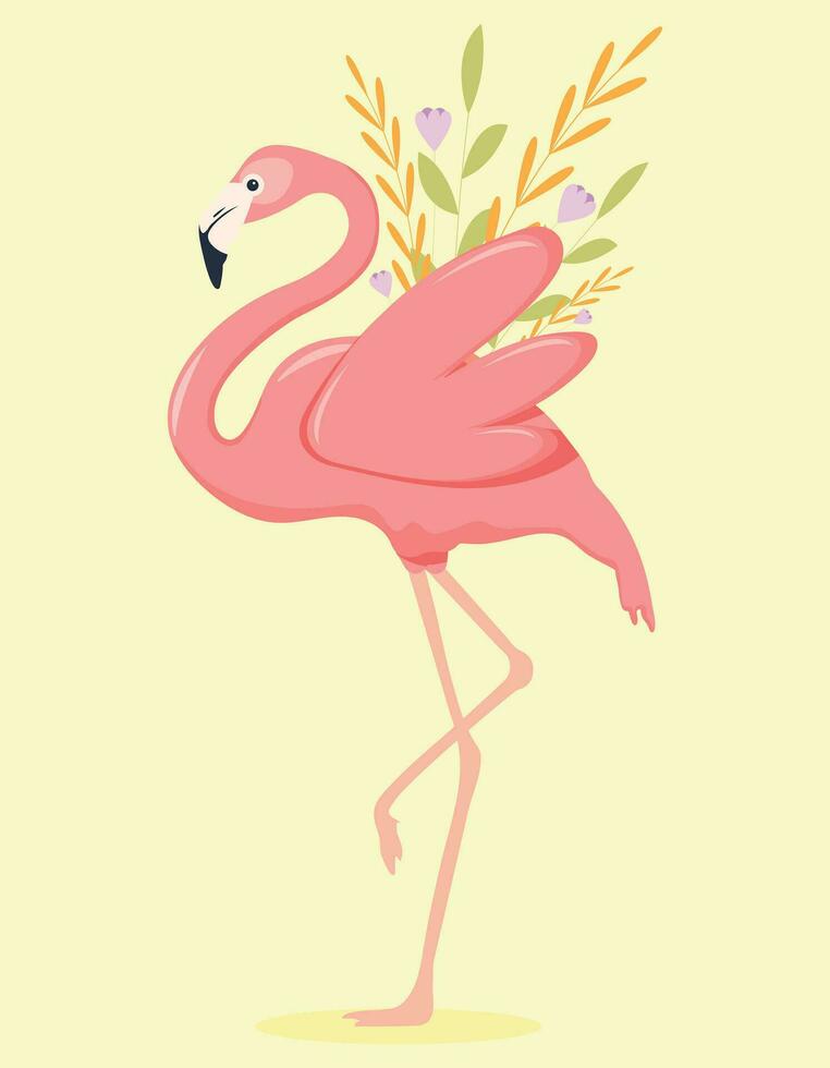 illustration av en rosa flamingo. illustration av en flamingo. flamingo med blommor, vektor illustration