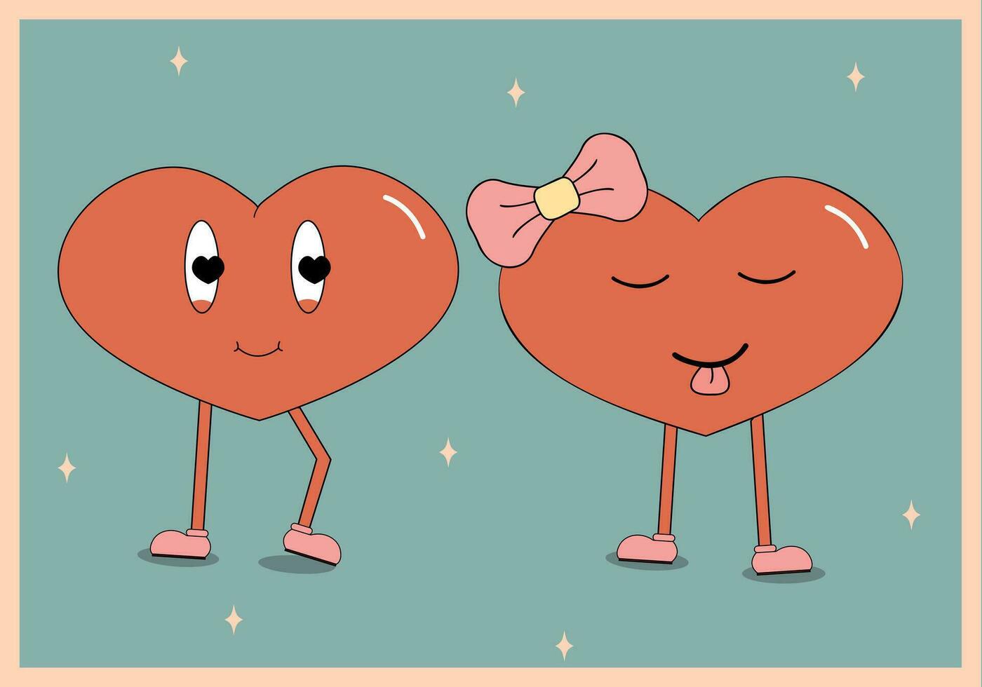 retro häftig härlig hjärtan klistermärken i trendig retro 60s 70s tecknad serie stil. kärlek begrepp. Lycklig hjärtans dag. vektor illustration i rosa röd färger.