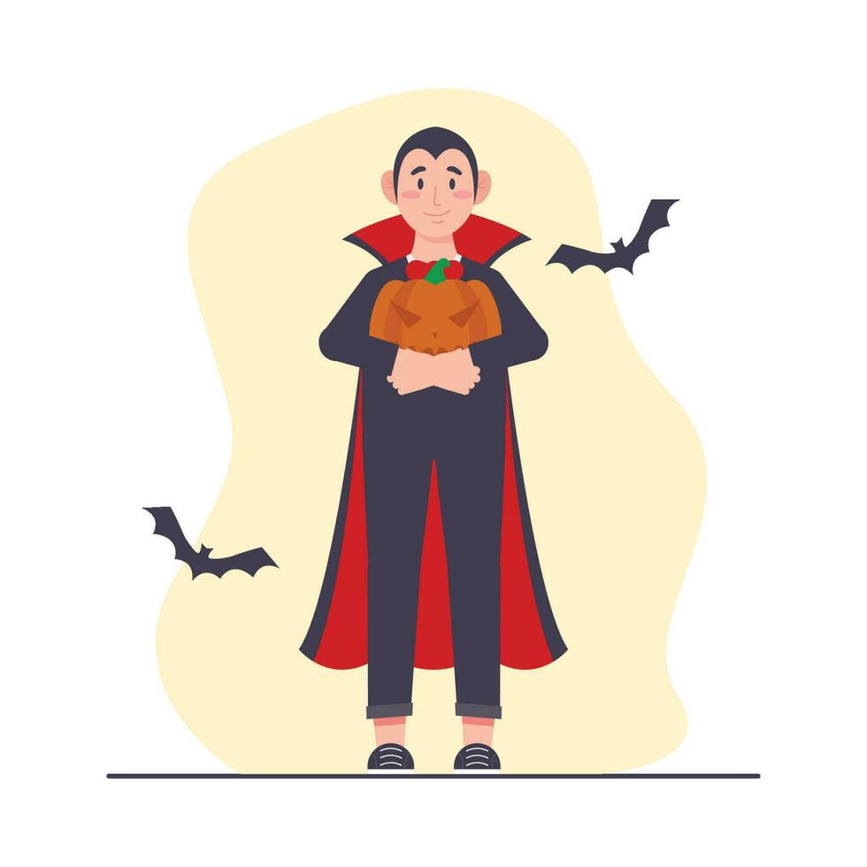Mann im ein Vampir Kostüm halten ein Halloween Kürbis. Vektor Illustration.