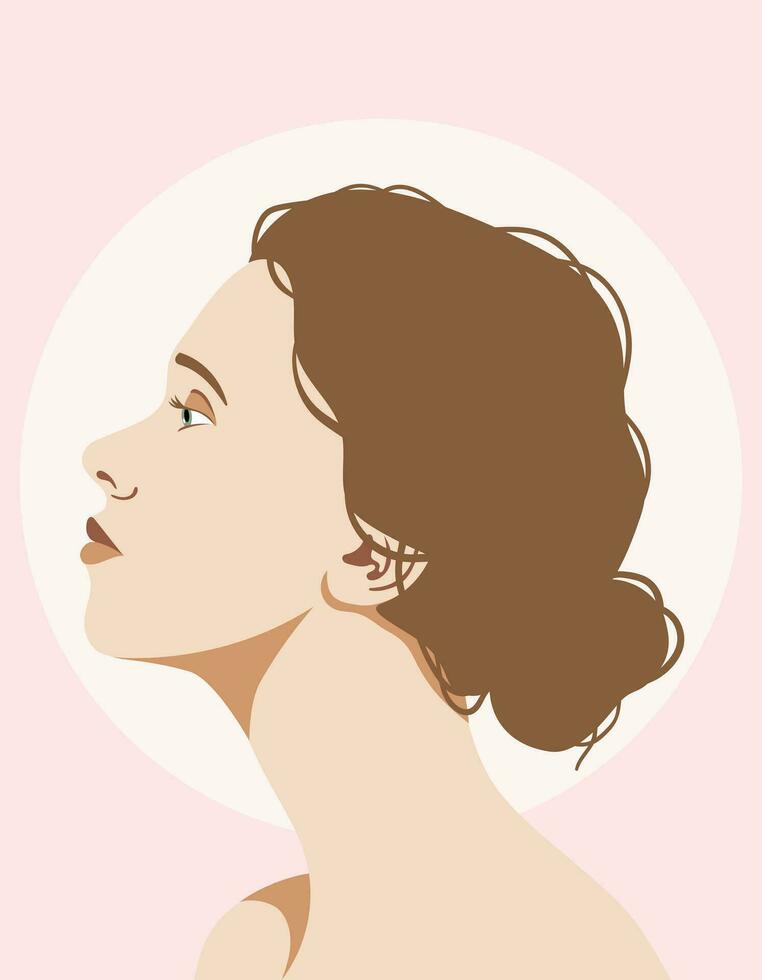 vektor kvinna porträtt, kvinna ansikte profil illustration, hår i en bulle, naturlig skönhet, pastell