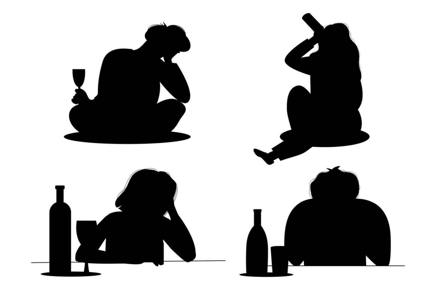 Alkoholismus Silhouette Konzept von Frauen, Männer Sitzung mit Flasche von Alkohol vektor