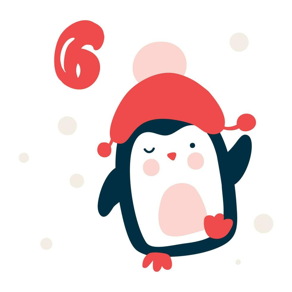 jul första advent kalender med hand dragen element pingvin. dag sex 6. scandinavian stil affisch. söt vinter- illustration för kort, affisch, unge rum dekor, barnkammare konst vektor