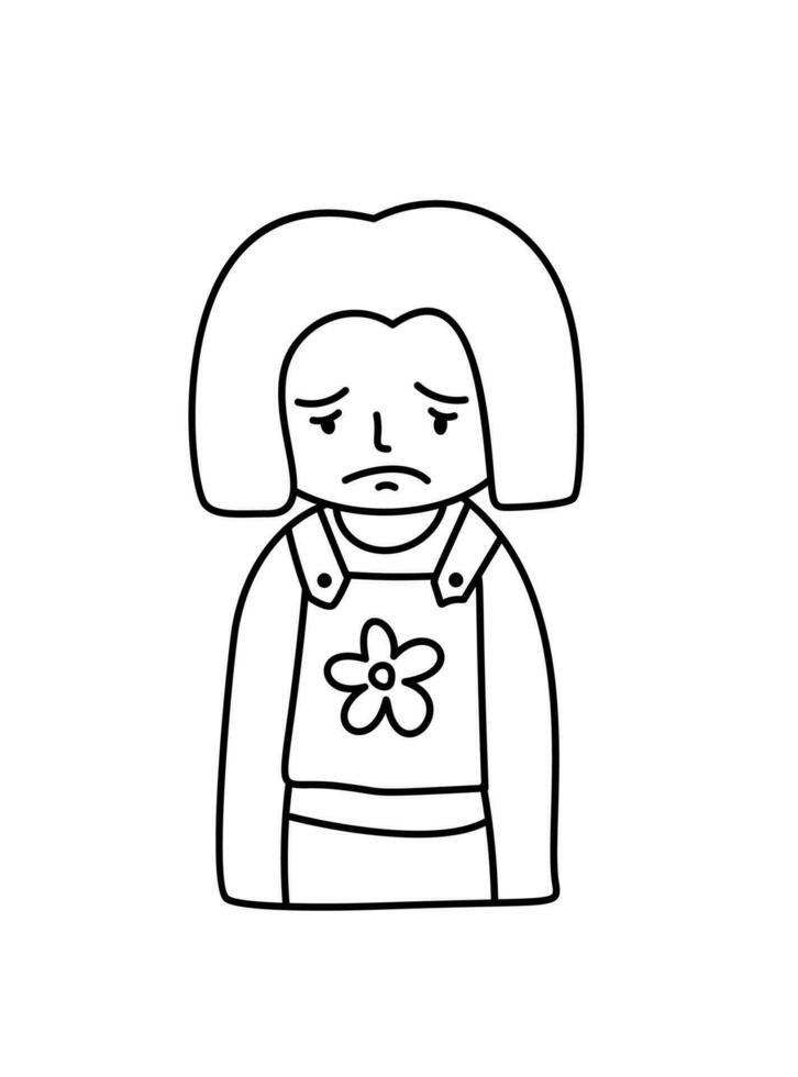 süß traurig Karikatur Kind Mädchen. Hand gezeichnet Linie Illustration, Vektor Kunst zum Färbung Kind Buch, Netz Design