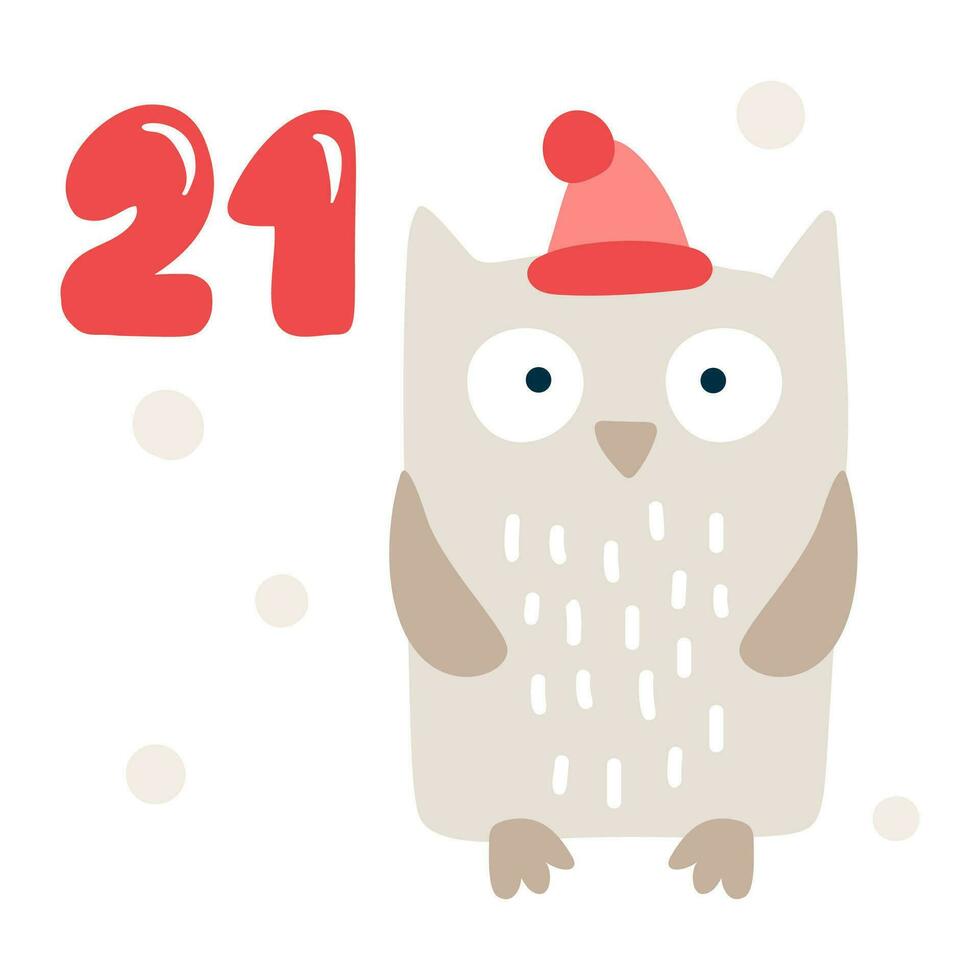 jul första advent kalender med hand dragen element Uggla. dag tjugo ett 21. scandinavian stil affisch. söt vinter- illustration för kort, affisch, unge rum dekor, barnkammare konst vektor