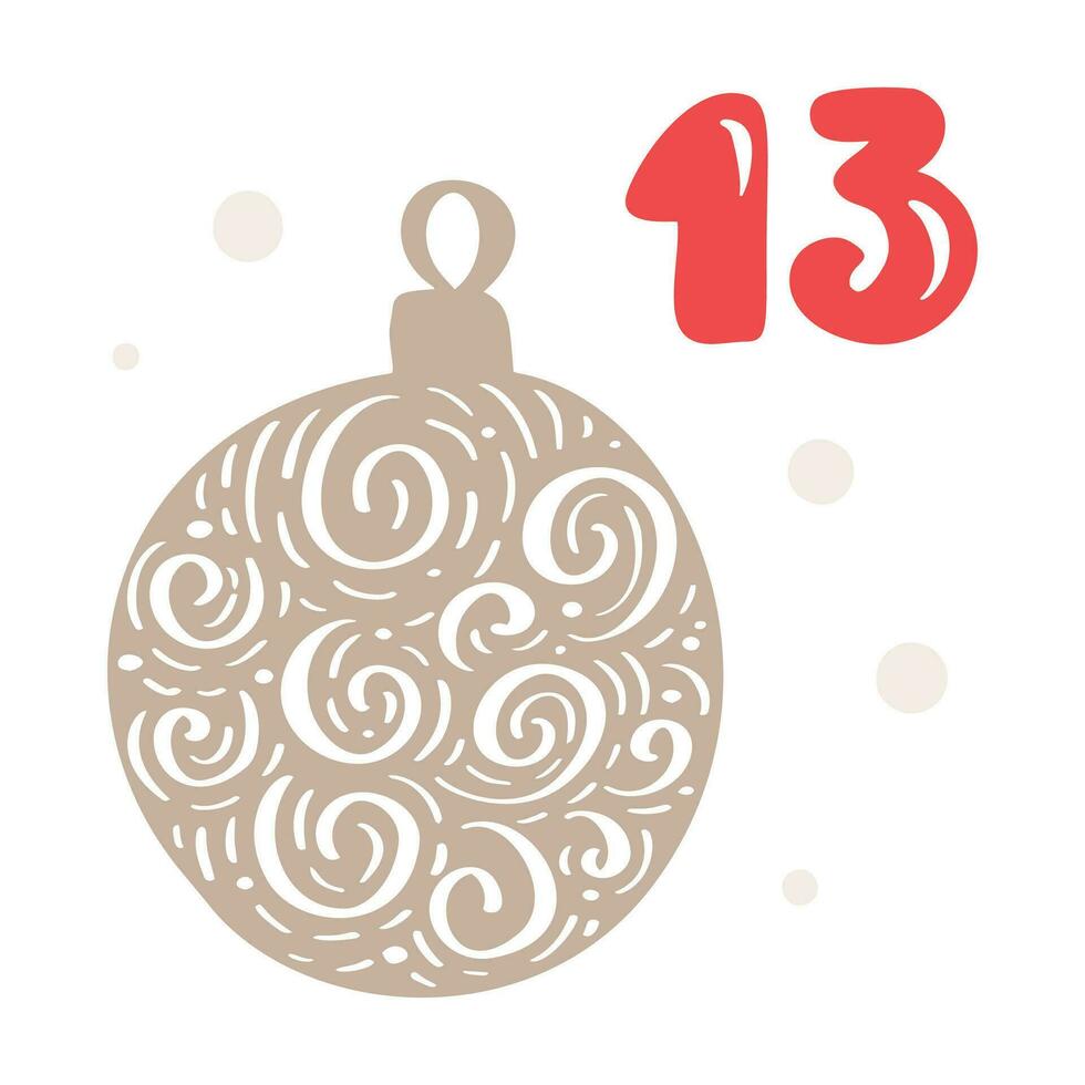 jul första advent kalender med hand dragen leksak för träd. dag tretton 13. scandinavian stil affisch. söt vinter- illustration för kort, affisch, unge rum dekor, barnkammare konst vektor