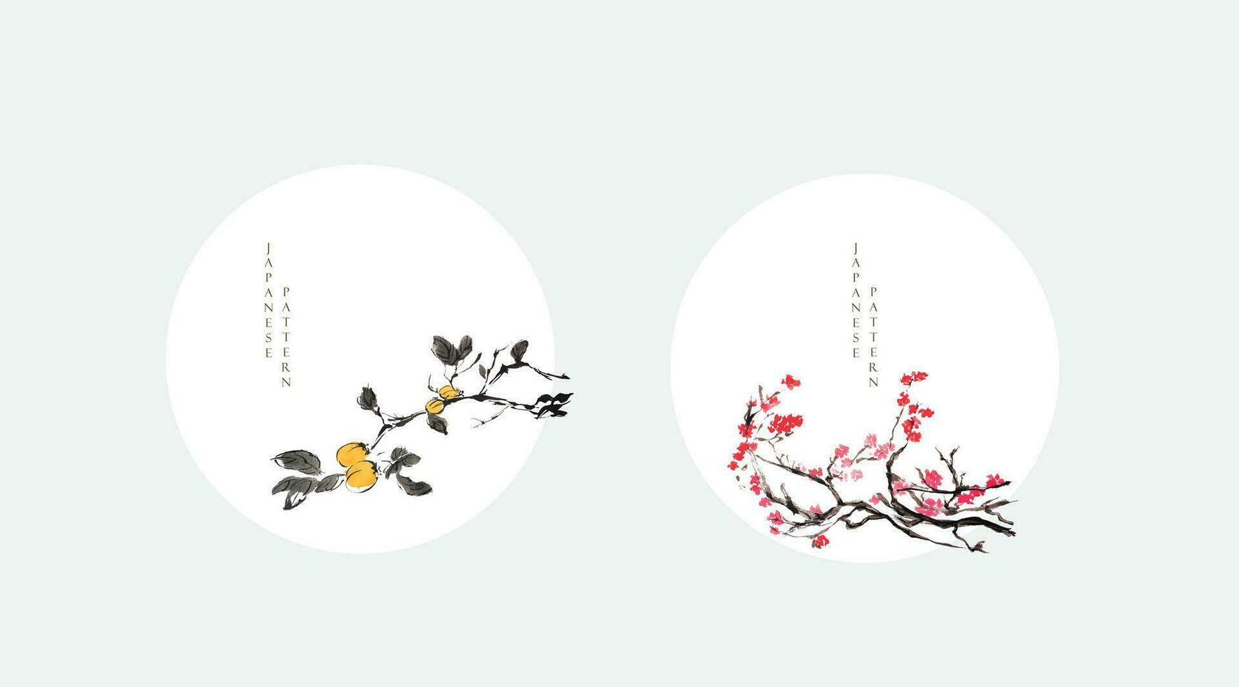 japanisch Hintergrund mit Aquarell Textur Vektor. Blume Ast Bürste Schlaganfall Dekoration mit Blumen- Muster Illustration im Jahrgang Stil. Hand gezeichnet Gemälde im asiatisch traditionell Stil. vektor