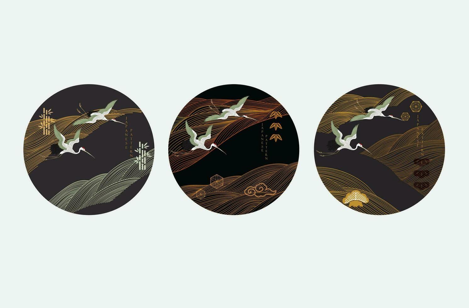 japanisch schwarz Hintergrund mit Hand gezeichnet Linie Welle im Jahrgang Stil. Kunst Landschaft Banner Design mit Kran Vögel Symbol und Symbol Dekoration. vektor
