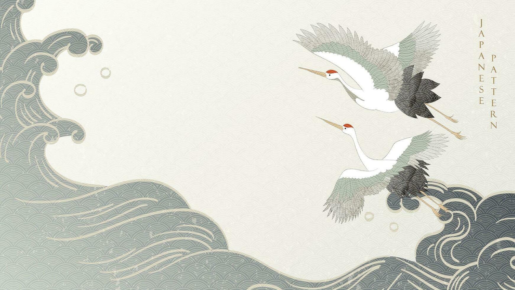 Kran Vogel Dekoration Vektor. japanisch Hintergrund mit Hand gezeichnet Linie Welle Muster. Ozean Meer Banner Design mit natürlich Landschaft Kunst Vorlage im Jahrgang Stil. vektor