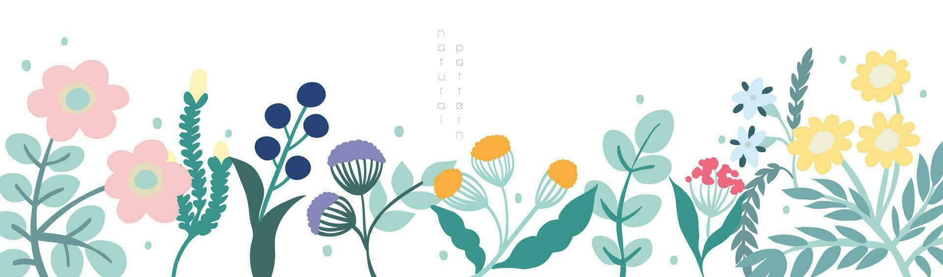 horizontal Blume Banner oder Blumen- Hintergrund dekoriert mit Herrlich mehrfarbig Blühen Blumen und Blätter Grenze. Frühling botanisch eben Vektor Illustration auf Weiß Hintergrund im einfach Stil