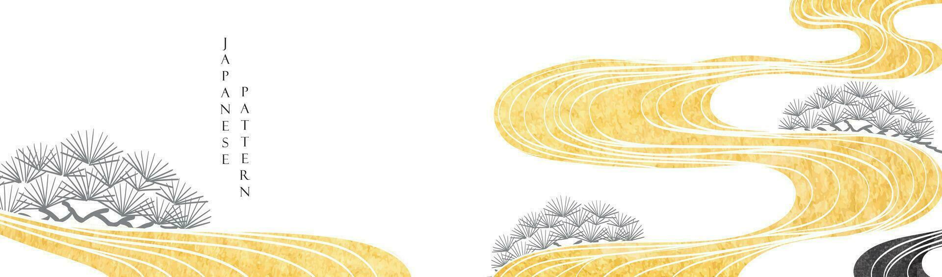 japansk bakgrund med guld och svart textur målning textur. orientalisk naturlig Vinka mönster med hav hav och bonsai träd dekoration baner design i årgång stil vektor