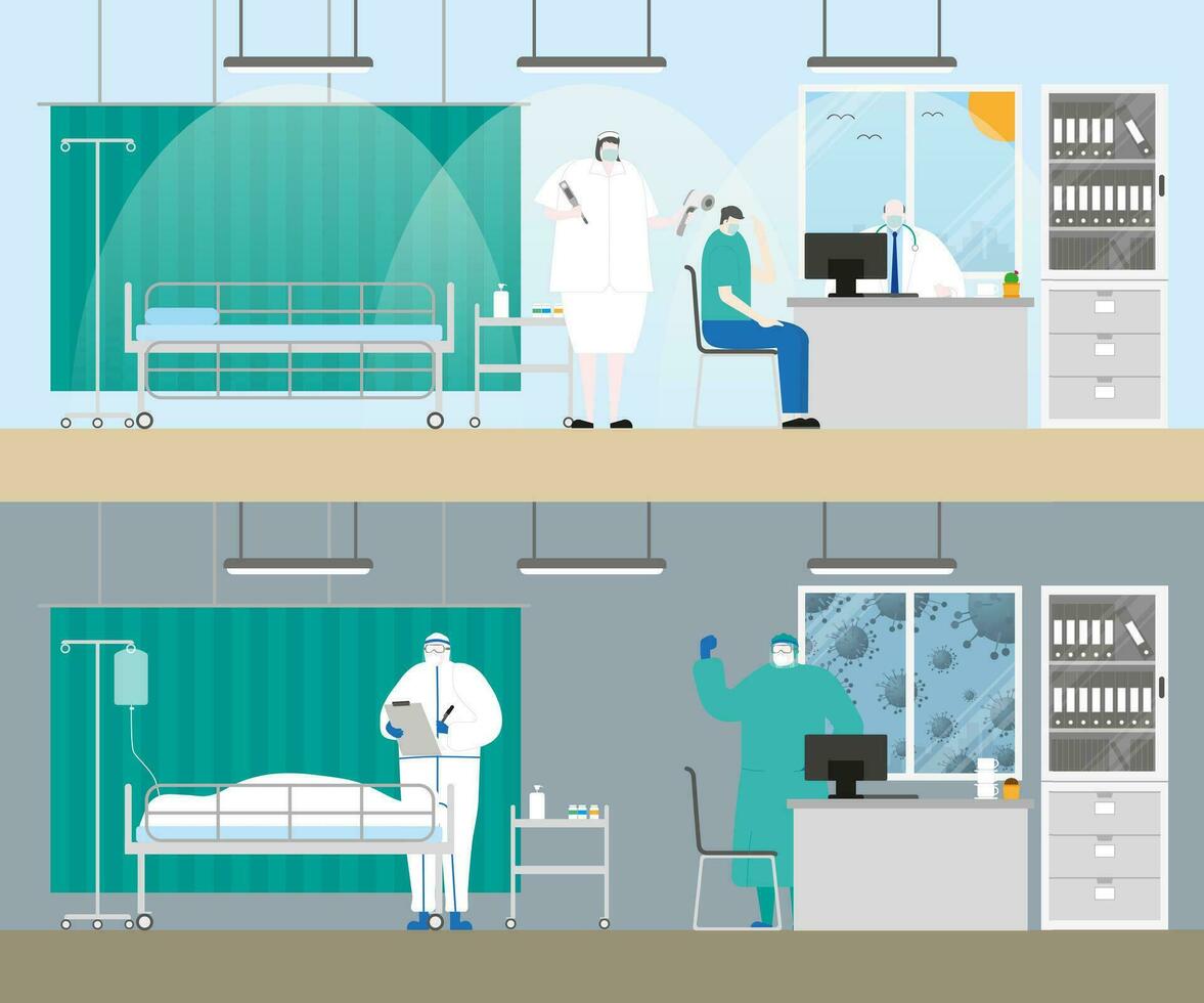 sjukhus undersökning rum innan och efter covid-19 korona virus pandemi vektor