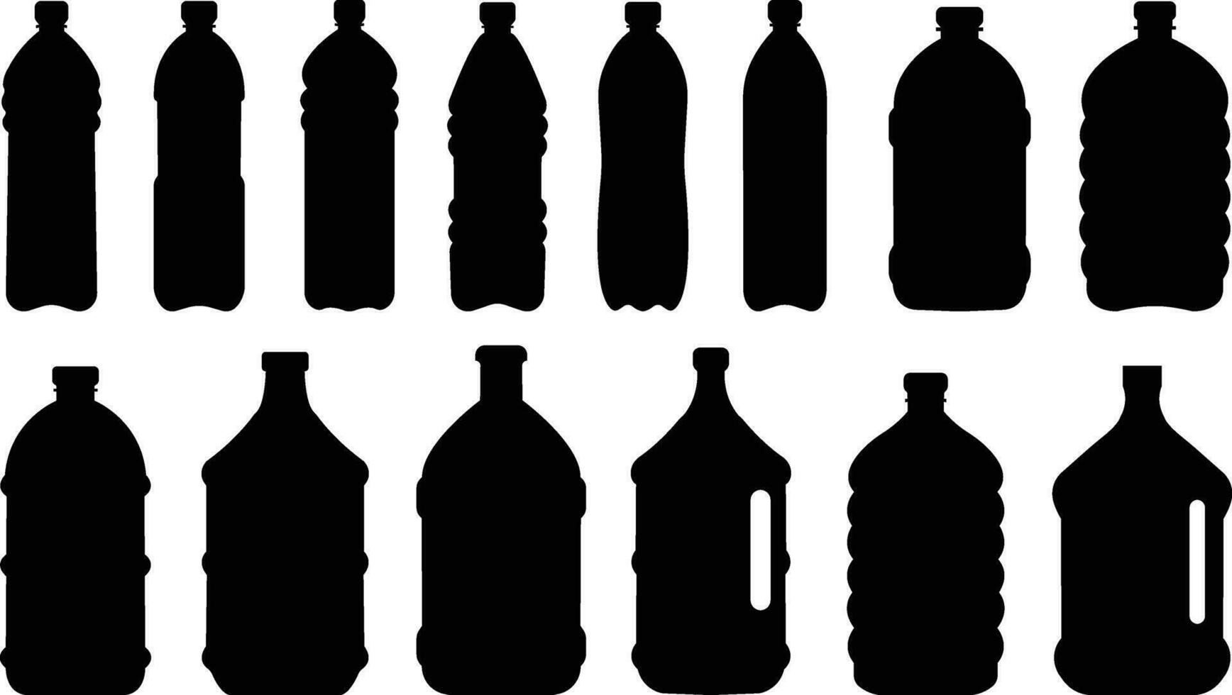 plast flaska svart ikon uppsättning. vektor platt stil tecken behållare vatten flaska för sport. naturlig och friska livsstil begrepp vatten flaska behållare flytande