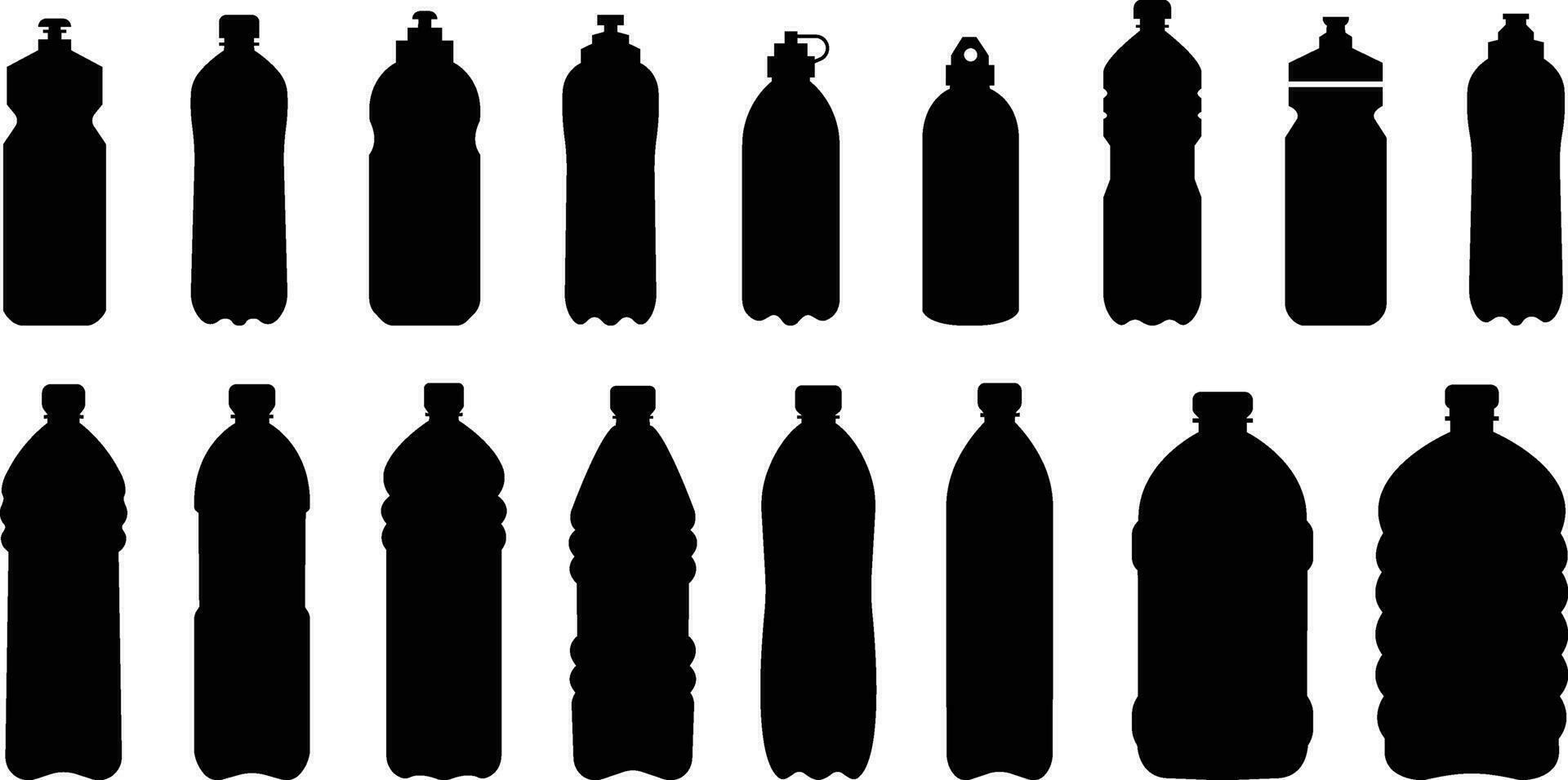 Plastik Flasche schwarz Symbol Satz. Vektor eben Stil Zeichen Container Wasser Flasche zum Sport. natürlich und gesund Lebensstil Konzept Wasser Flaschen- Container Flüssigkeit