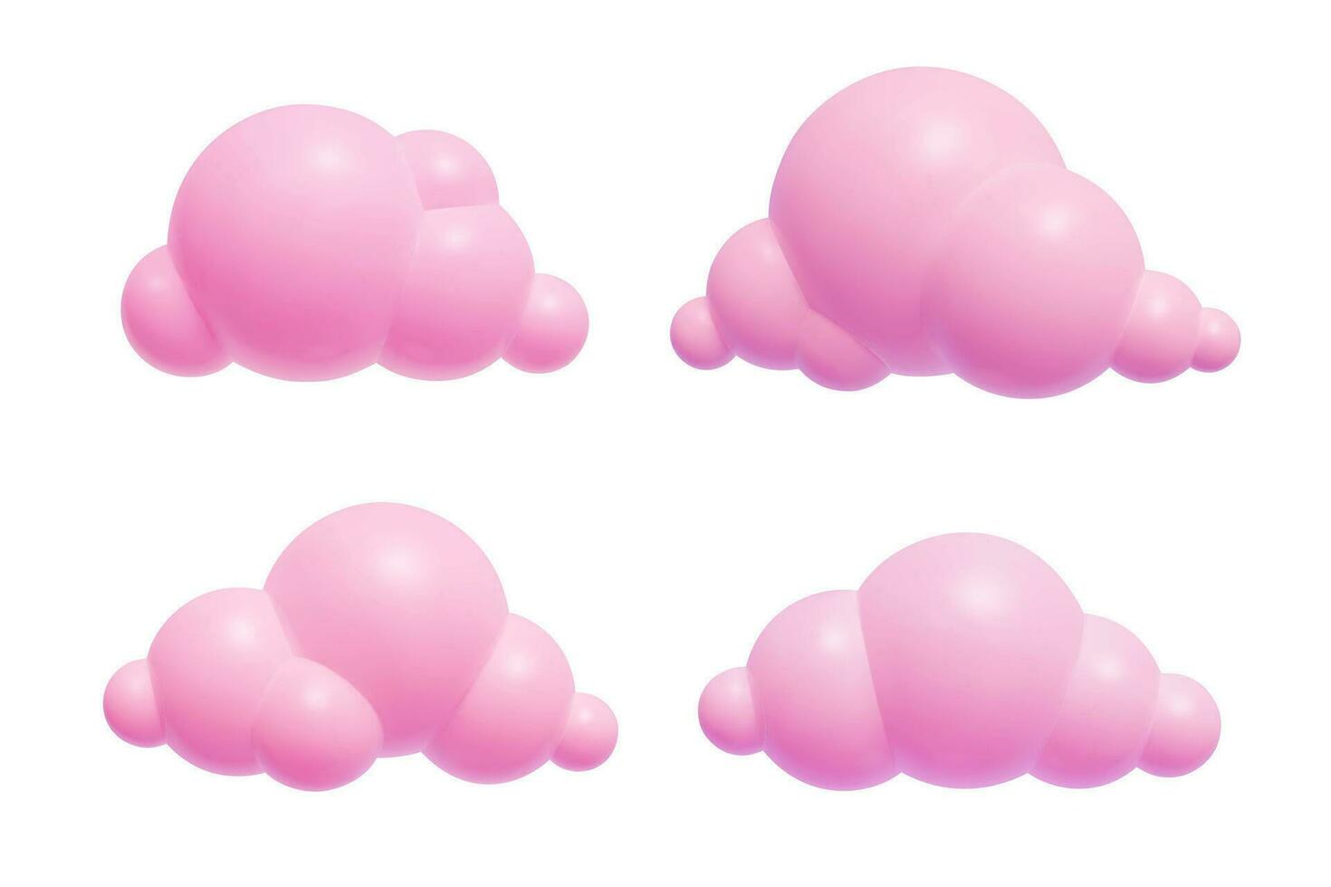 rosa 3d moln isolerat på vit bakgrund uppsättning tecknad serie plast romantisk design element samling tre dimensionell realistisk vektor illustration.