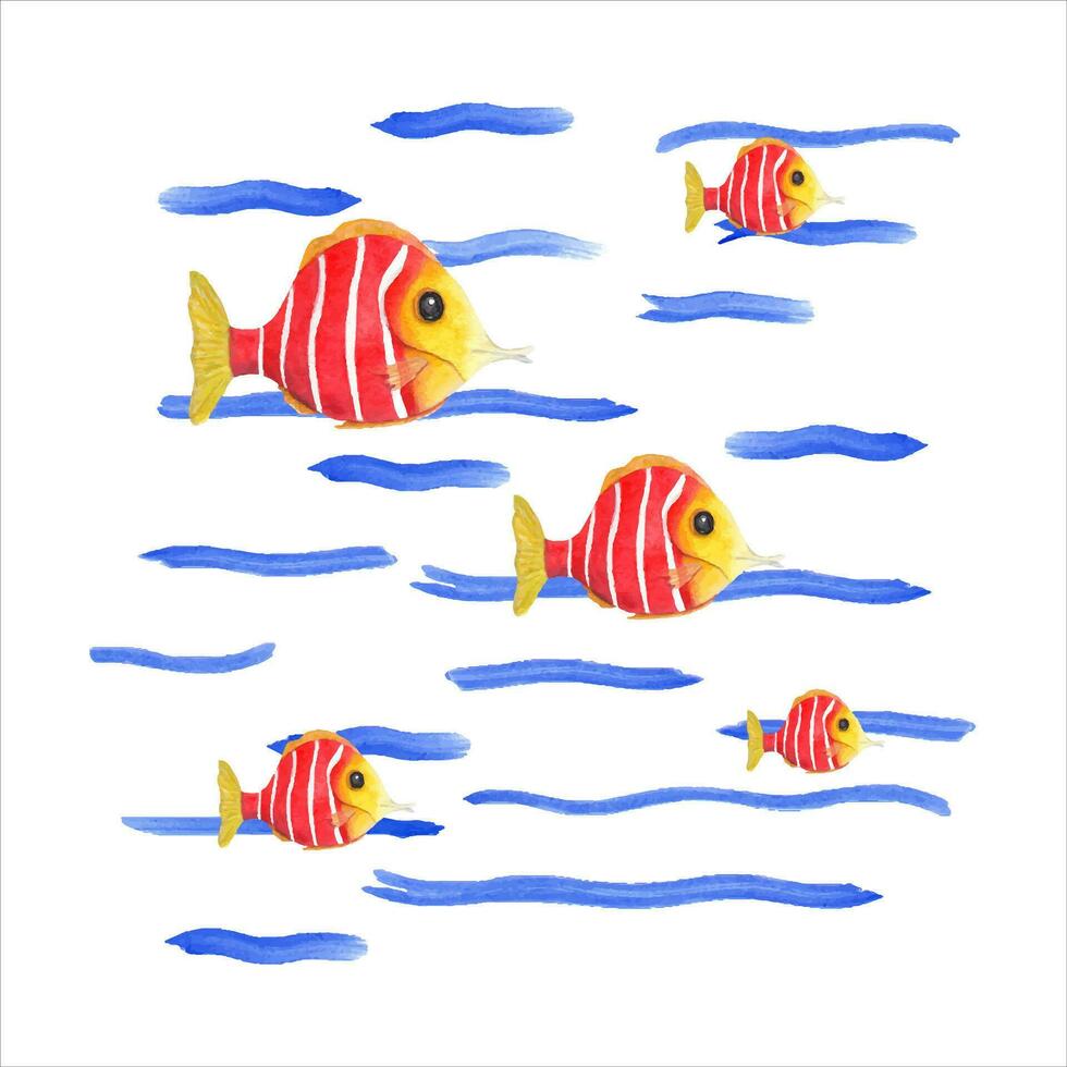 vattenfärg illustration av färgad tecknad serie fiskar. för skriva ut, affisch, baner, souvenirer, dekor, tapet, tyg, textil, omslag. vektor