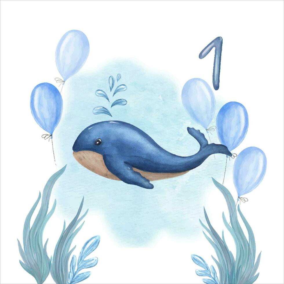 Aquarell Karte zum Kinder Geburtstage mit süß Blau Delfin, abstrakt Seetang, Luftballons. Hand gemalt Illustration zum Gruß Karte, Poster, Postkarte, zum Kindergarten, Kinder Zimmer Dekor. vektor