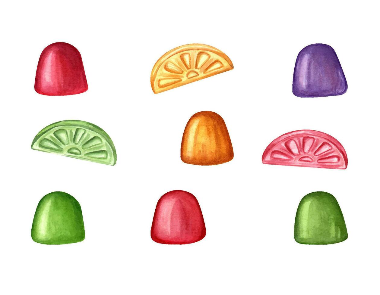 mehrfarbig Karamell im das bilden von Obst Scheiben, Gelee. Bonbons, Süssigkeit, Lutscher, Zucker, süss, tropfen. Aquarell Illustration isoliert auf Weiß. zum Süßigkeiten Geschäft, Postkarte, Dekoration, Vorlagen vektor