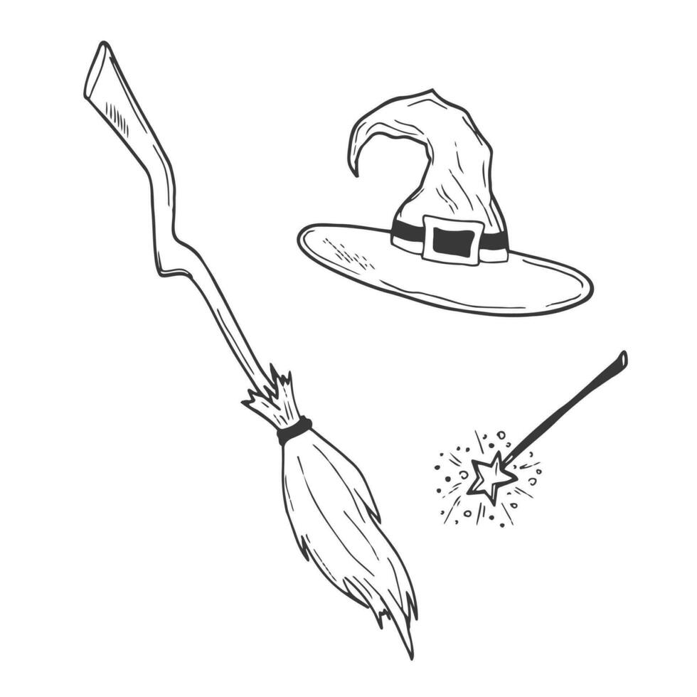 magi klotter uppsättning inkluderar en bunt, en trollkarlens hatt, en kvast för flygande, en förmögenhet rösträknarens kristall boll, en trollstav. vektor
