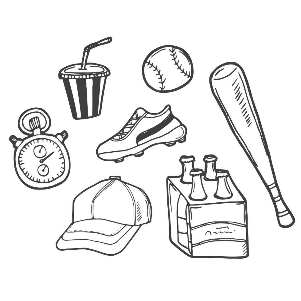 Baseball Gekritzel Satz. Besondere Ausrüstung, Spieler Kleidung, Feld, Ball, Fausthandschuh. Hand gezeichnet Vektor Illustration isoliert Über Weiß Hintergrund. Färbung Buch