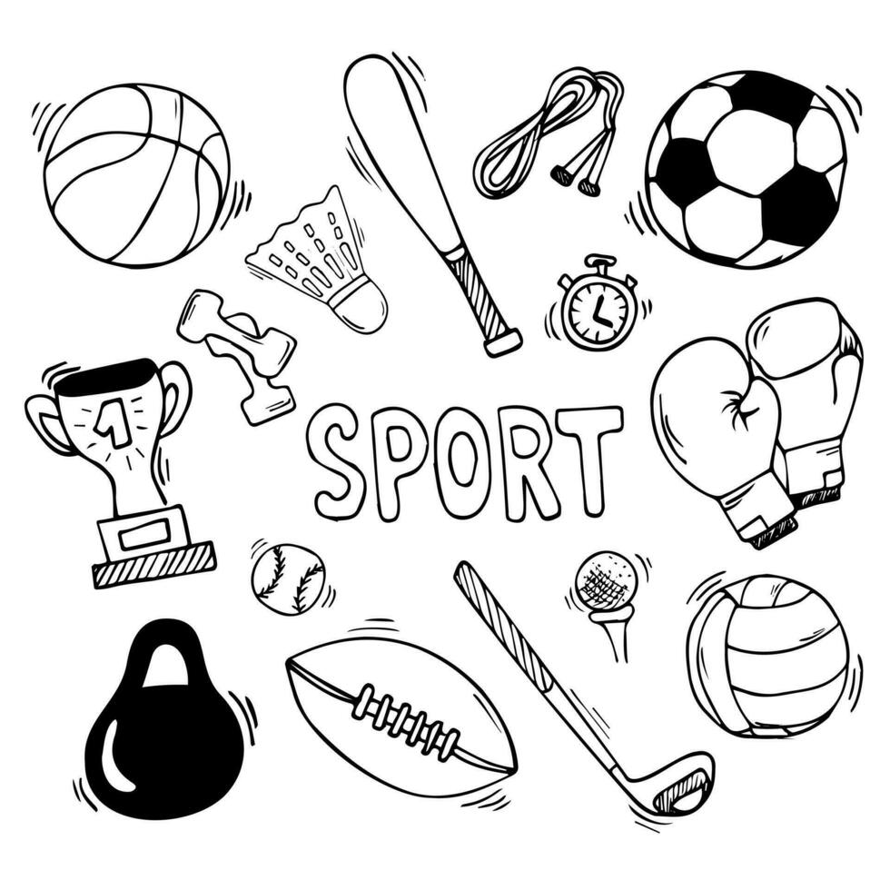 Hand gezeichnet Vektor Illustration einstellen von Fitness und Sport Zeichen und Symbol Kritzeleien Elemente.