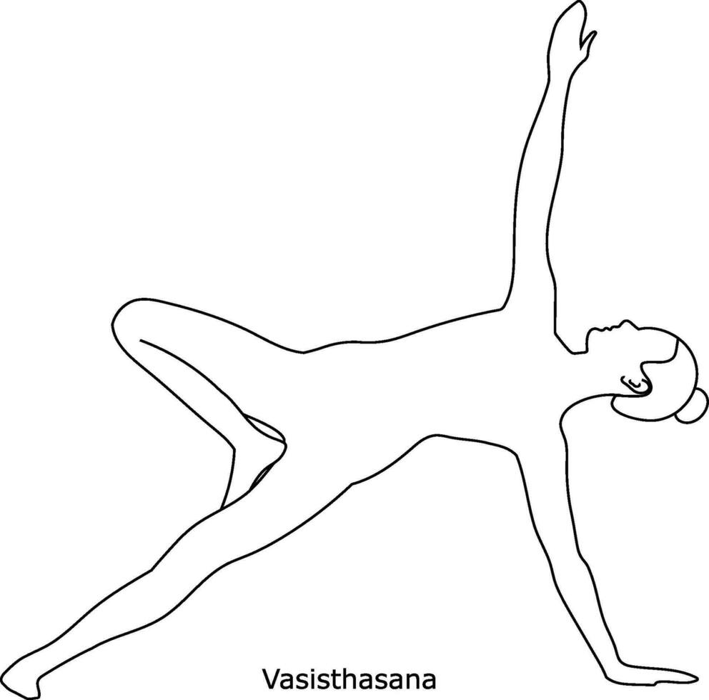 flicka håller på med yoga. asana vasisthasana. linje konst i skiss stil isolerat på vit bakgrund vektor