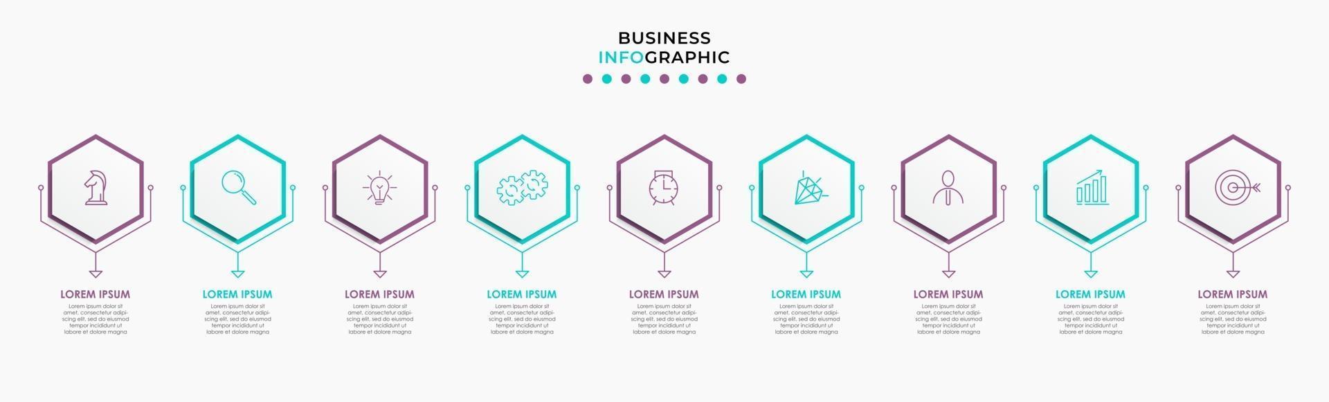 Infografik-Design-Business-Vorlage mit Symbolen und 9 Optionen oder Schritten vektor