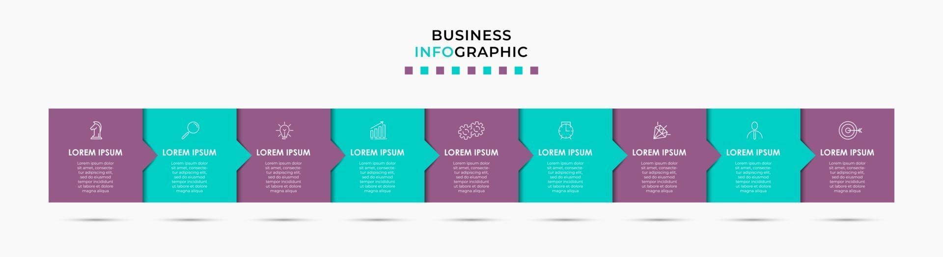 Infografik-Design-Business-Vorlage mit Symbolen und 9 Optionen oder Schritten vektor