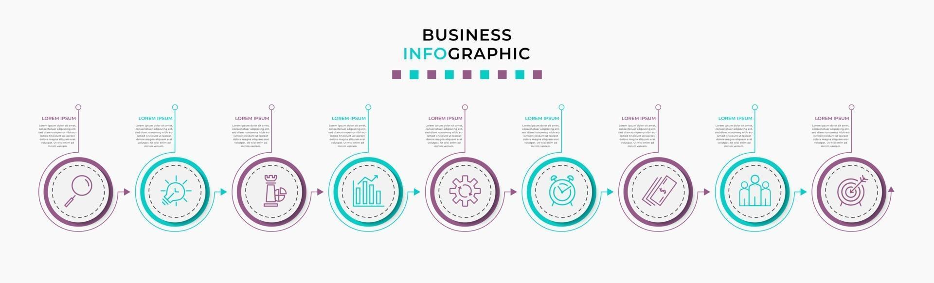 infographic design affärsmall med ikoner och 9 alternativ eller steg vektor