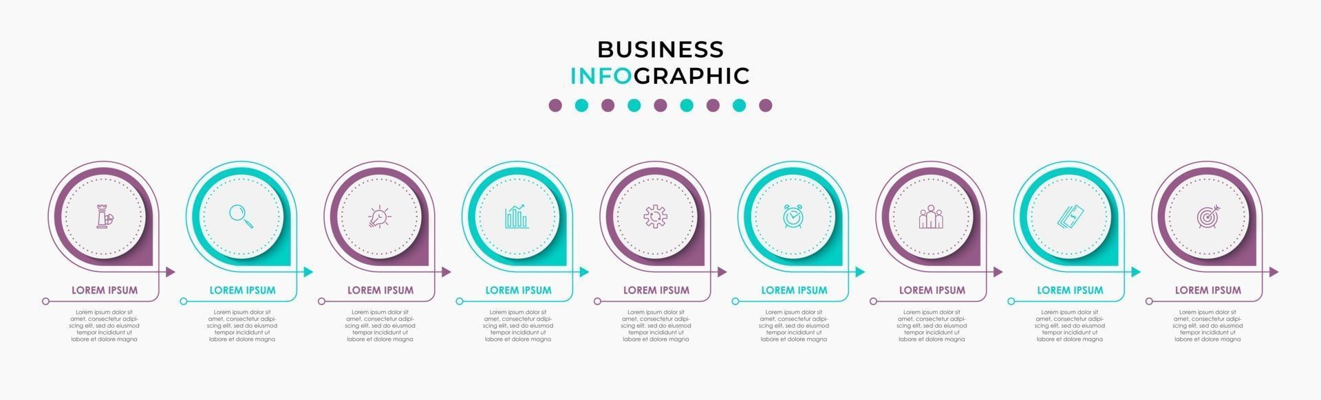 infographic design affärsmall med ikoner och 9 alternativ eller steg vektor