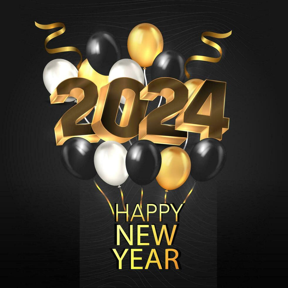 Neu Jahr 2024 Feierlichkeiten Gold Schöne Grüße Poster isoliert Über schwarz Hintergrund. vektor