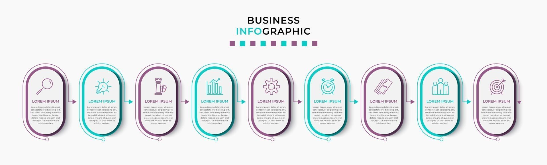 infographic design affärsmall med ikoner och 9 alternativ eller steg vektor