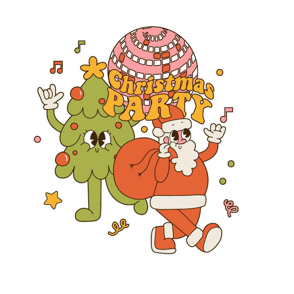 Weihnachten Party modisch retro Karikatur Zeichen Konzept. groovig Hippie isoliert drucken mit Santa Klaus, Weihnachten Baum und Text. Vektor retro Karikatur Zeichen und Disko Ball.