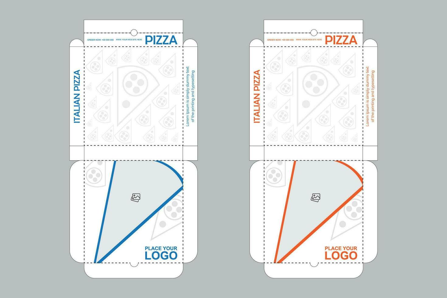 pizza förpackning design. pizza låda design, två Färg uppsättning, redo för skriva ut. vektor