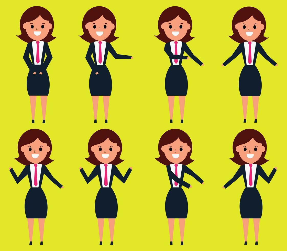vektor av brunhårig kvinna i företag klädsel i 8 annorlunda poser för professionell och kommersiell illustrationer