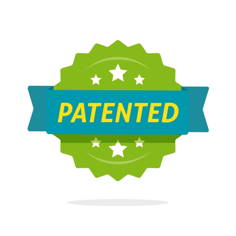 patenterad märka vektor ikon, platt tecknad serie rosett band med patent text symbol, intellektuell fast egendom skyddade grön bricka isolerat bild
