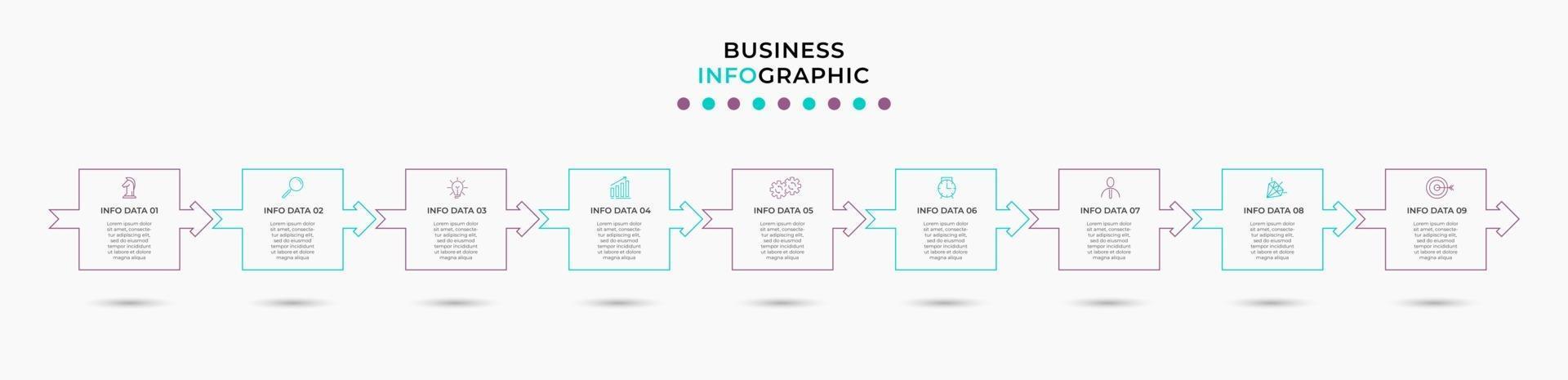 Infografik-Design-Business-Vorlage mit Symbolen und 9 Optionen oder Schritten vektor