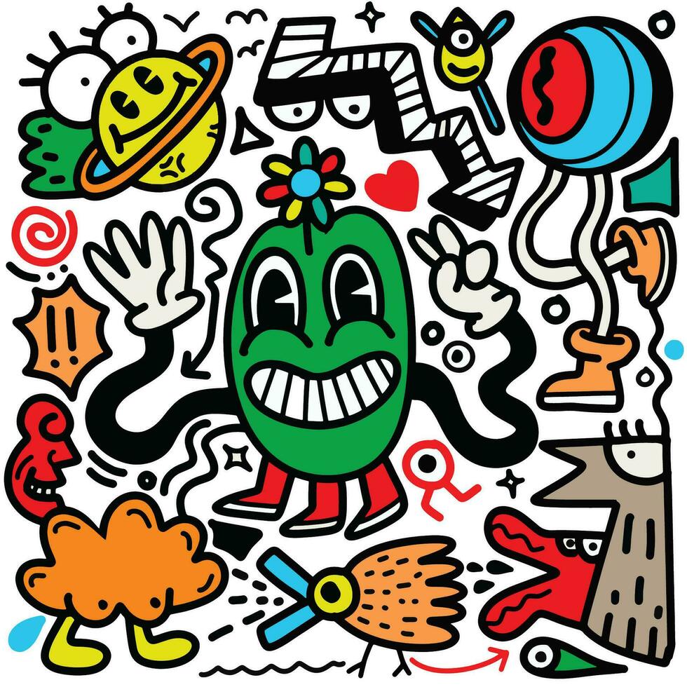 klotter, hand dragen illustration av färgrik tecknad serie tecken, vektor
