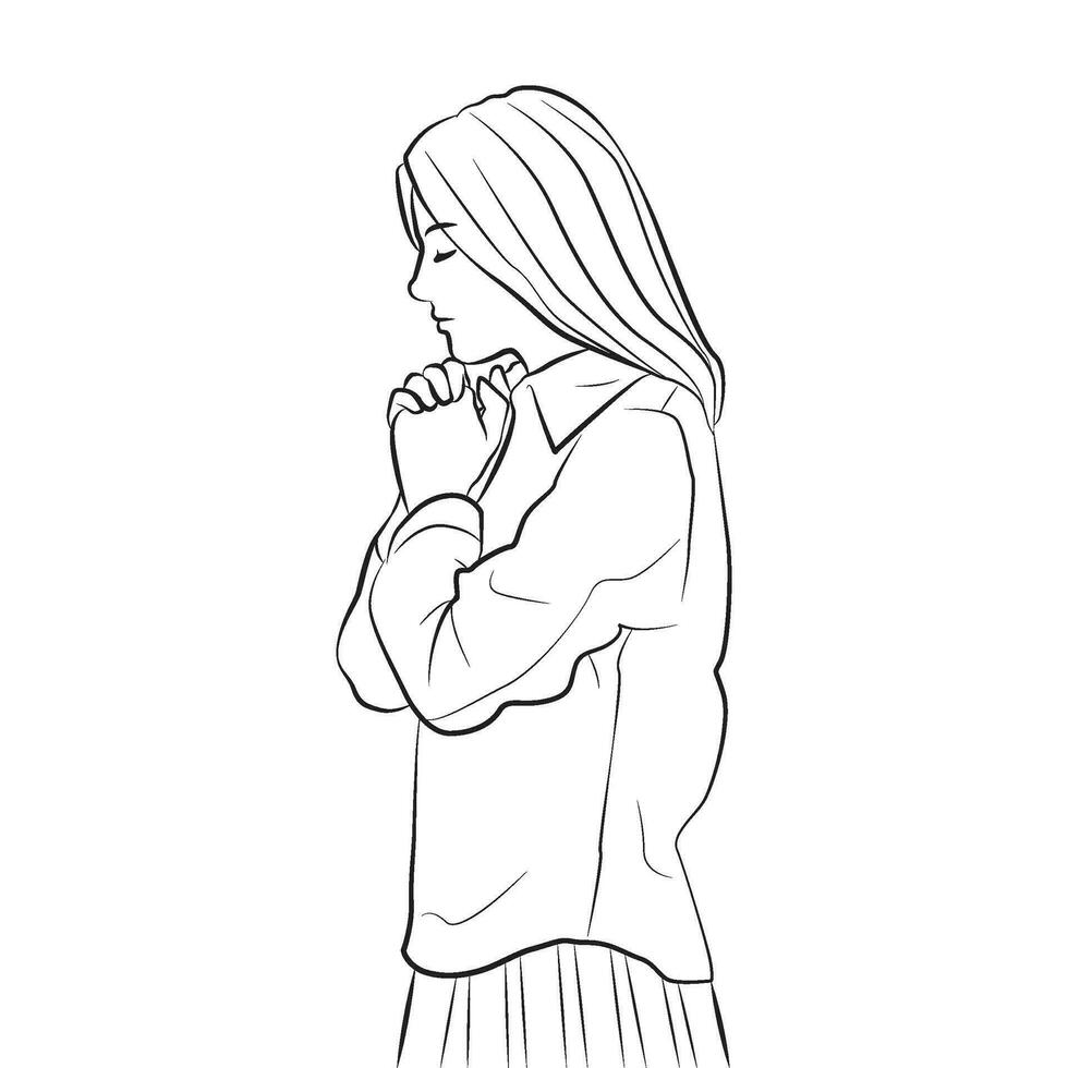 söt ung kvinna spännande händer bön- gest karaktär tecknad serie illustration vektor