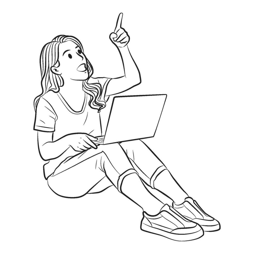 jung Frau Sitzung mit Laptop Charakter Karikatur Linie Kunst Illustration vektor
