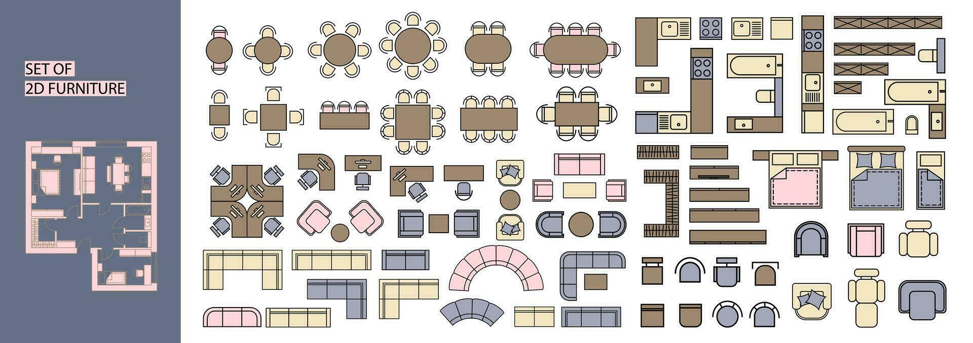 Möbel zum das Fußboden planen. oben Aussicht Tische, Betten, Stühle, Sofas, Kleiderschränke, Küche Möbel, usw. perfekt zum Innere Stimmung Bretter und Planung Skizzen. architektonisch. vektor