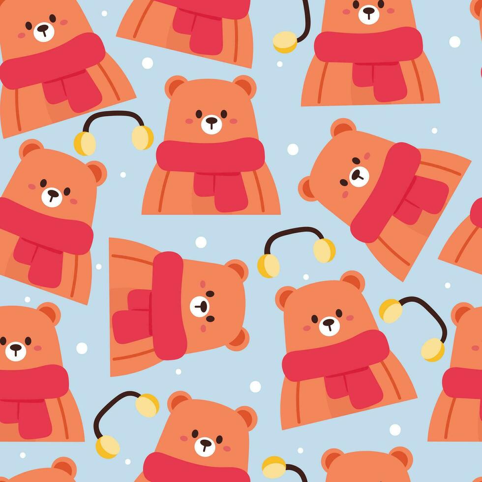 sömlös mönster tecknad serie Björn bär scarf. söt djur- tapet med snöflingor illustration för gåva slå in papper, vinter- tapet vektor
