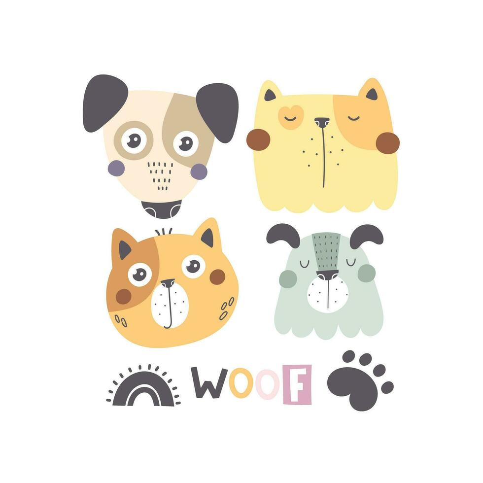 väft. tecknad serie hundar, hand teckning text . färgrik platt vektor illustration för barn. bebis design för grafik, affischer, kort