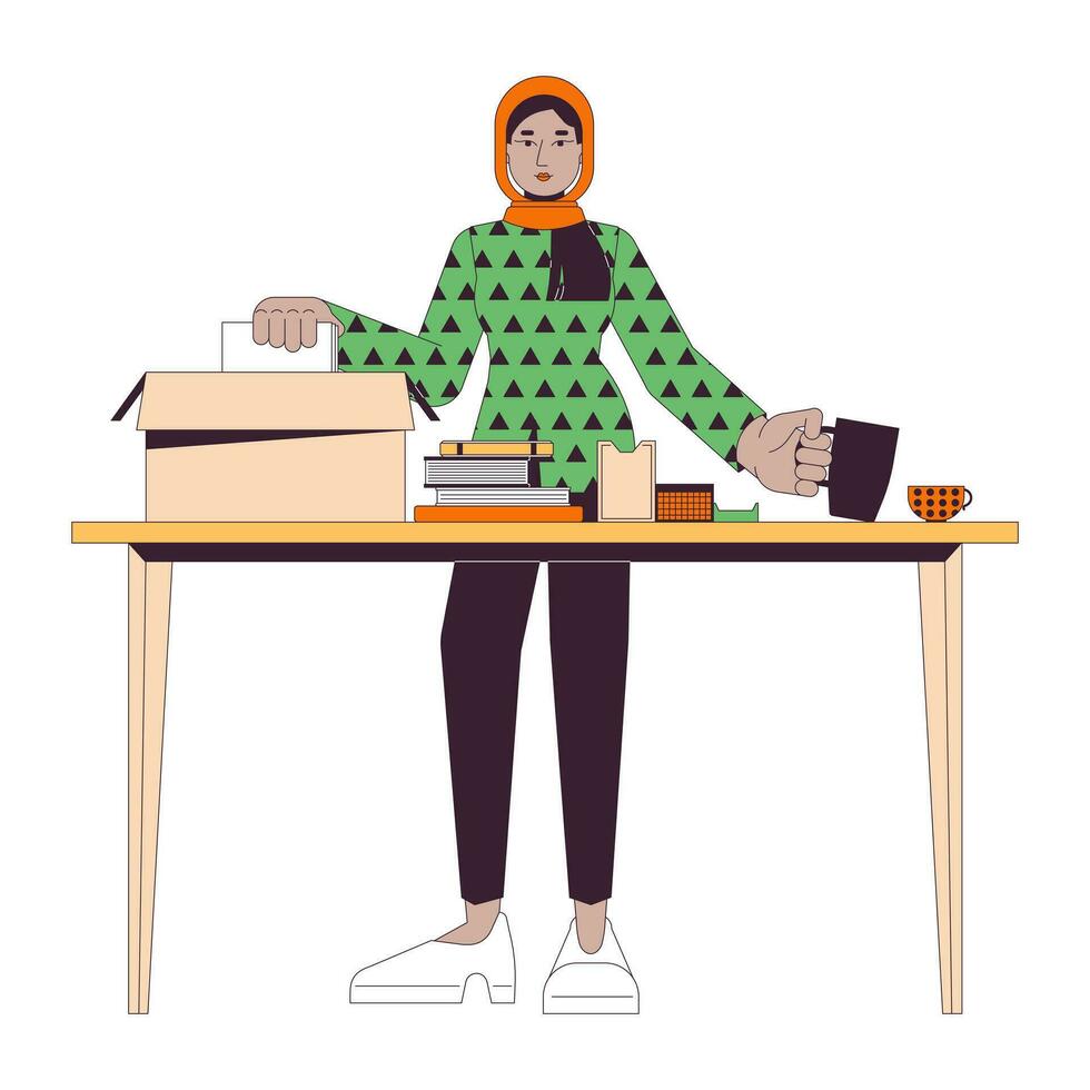 Verpackung Box persönlich Besitz Linie Karikatur eben Illustration. Muslim Hijab Frau Auspacken Neu Haus 2d lineart Charakter isoliert auf Weiß Hintergrund. Mitarbeiter Rücktritt Szene Vektor Farbe Bild