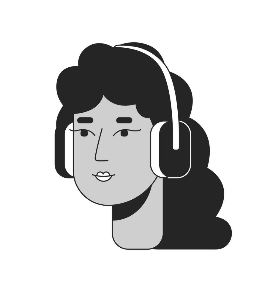 lockigt latinamerikan kvinna hörlurar svart och vit 2d linje tecknad serie karaktär huvud. latina vågig hår isolerat vektor översikt person ansikte. njuter musik mexikansk flicka enfärgad platt fläck illustration