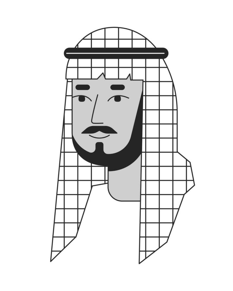 bärtig Saudi Mann tragen keffiyeh schwarz und Weiß 2d Linie Karikatur Charakter Kopf. Mitte östlichen männlich Shemagh isoliert Vektor Gliederung Person Gesicht. arabisch Mann monochromatisch eben Stelle Illustration